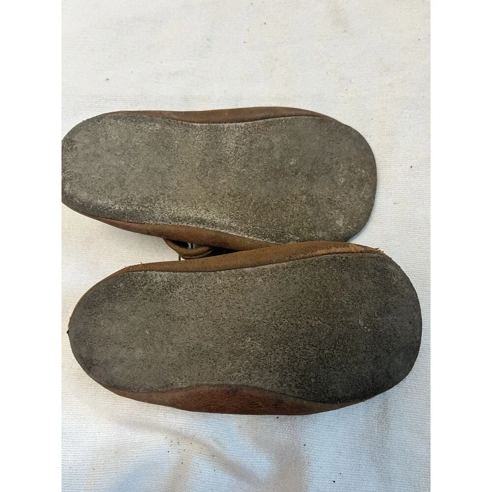 Antique Vintage Baby Shoes Brown Leather Ankle Strap Soft Sole Primitive